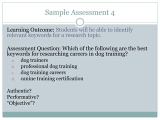 Sample Assessment 4

Learning Outcome: Students will be able to identify
relevant keywords for a research topic.

Assessment Question: Which of the following are the best
keywords for researching careers in dog training?
 a.   dog trainers
 b.   professional dog training
 c.   dog training careers
 d.   canine training certification

Authentic?
Performative?
“Objective”?
 