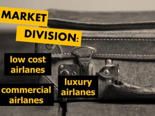 low cost
airlanes
commercial
airlanes
luxury
airlanes
 