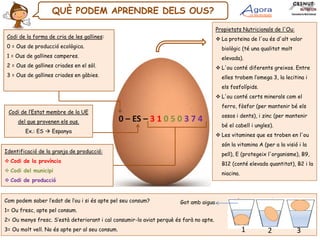 0 – ES – 3 1 0 5 0 3 7 4
Codi de la forma de cria de les gallines:
0 = Ous de producció ecològica.
1 = Ous de gallines camperes.
2 = Ous de gallines criades en el sòl.
3 = Ous de gallines criades en gàbies.
Codi de l’Estat membre de la UE
del que provenen els ous.
Ex.: ES  Espanya
Identificació de la granja de producció:
 Codi de la província
 Codi del municipi
 Codi de producció
QUÈ PODEM APRENDRE DELS OUS?
Propietats Nutricionals de l'Ou:
 La proteïna de l'ou és d'alt valor
biològic (té una qualitat molt
elevada).
 L'ou conté diferents greixos. Entre
elles trobem l’omega 3, la lecitina i
els fosfolípids.
 L'ou conté certs minerals com el
ferro, fòsfor (per mantenir bé els
ossos i dents), i zinc (per mantenir
bé el cabell i ungles).
 Les vitamines que es troben en l'ou
són la vitamina A (per a la visió i la
pell), E (protegeix l'organisme), B9,
B12 (conté elevada quantitat), B2 i la
niacina.
Com podem saber l’edat de l’ou i si és apte pel seu consum?
1= Ou fresc, apte pel consum.
2= Ou menys fresc. S’està deteriorant i cal consumir-lo aviat perquè és farà no apte.
3= Ou molt vell. No és apte per al seu consum. 1 2 3
Got amb aigua
 