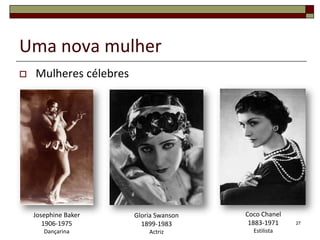 Uma nova mulher
   Mulheres célebres




    Josephine Baker     Gloria Swanson   Coco Chanel
       1906-1975          1899-1983       1883-1971    27
       Dançarina            Actriz         Estilista
 