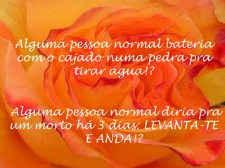 Alguma pessoa normal bateria
com o cajado numa pedra pra
        tirar água!?


Alguma pessoa normal diria pra
um morto há 3 dias: LEVANTA-TE
          E ANDA!?
 