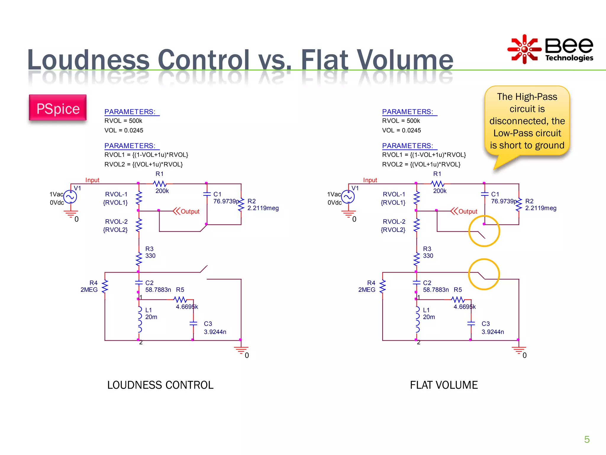 Loudness Control vs. Flat Volume
                                                                                                                                                  The High-Pass
                     PARAMETERS:                                                                        PARAMETERS:                                  circuit is
                     RVOL = 500k                                                                        RVOL = 500k                             disconnected, the
                     VOL = 0.0245                                                                       VOL = 0.0245
                                                                                                                                                 Low-Pass circuit
                     PARAMETERS:                                                                        PARAMETERS:                             is short to ground
                     RVOL1 = {(1-VOL+1u)*RVOL}                                                          RVOL1 = {(1-VOL+1u)*RVOL}
                     RVOL2 = {(VOL+1u)*RVOL}                                                            RVOL2 = {(VOL+1u)*RVOL}
                                          R1                                                                                 R1
             Input                                                                              Input
        V1                                200k                                             V1                                200k
 1Vac                 RVOL-1                                 C1                     1Vac                 RVOL-1                                 C1
 0Vdc                {RVOL1}                                 76.9739p   R2          0Vdc                {RVOL1}                                 76.9739p   R2
                                                                        2.2119meg                                                                          2.2119meg
                                                  Output                                                                             Output
        0             RVOL-2                                                               0             RVOL-2
                     {RVOL2}                                                                            {RVOL2}


                                    R3                                                                                 R3
                                    330                                                                                330



              R4                    C2                                                           R4                    C2
            2MEG                    58.7883n R5                                                2MEG                    58.7883n R5
                               1                                                                                   1
                                                 4.6695k                                                                            4.6695k
                                    L1                                                                                 L1
                                    20m                                                                                20m
                                                           C3                                                                                 C3
                                                           3.9244n                                                                            3.9244n
                               2                                                                                   2

                                                                        0                                                                                  0



                      LOUDNESS CONTROL                                                                            FLAT VOLUME



                                                                                                                                                                       5
 