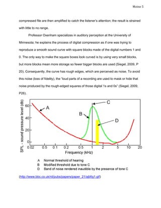 Moine 5
compressed file are then amplified to catch the listener’s attention; the result is strained
with little to no range.
Professor Oxenham specializes in auditory perception at the University of
Minnesota; he explains the process of digital compression as if one was trying to
reproduce a smooth sound curve with square blocks made of the digital numbers 1 and
0. The only way to make the square boxes look curved is by using very small blocks,
but more blocks mean more storage so fewer bigger blocks are used (Siegel, 2009, P
20). Consequently, the curve has rough edges, which are perceived as noise. To avoid
this noise (loss of fidelity), the “loud parts of a recording are used to mask or hide that
noise produced by the rough-edged squares of those digital 1s and 0s” (Siegel, 2009,
P26).
(http://www.bbc.co.uk/rd/pubs/papers/paper_21/ajbfig1.gif)
 