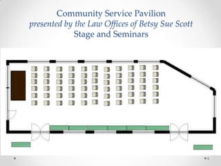 Community Service Pavilion
presented by the Law Offices of Betsy Sue Scott
             Stage and Seminars




                                                  6
 