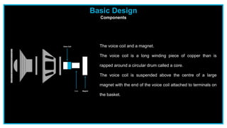 Basic Design
Components
The voice coil and a magnet.
The voice coil is a long winding piece of copper than is
rapped around a circular drum called a core.
The voice coil is suspended above the centre of a large
magnet with the end of the voice coil attached to terminals on
the basket.
 