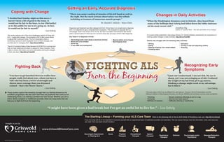 "I just can't understand. I am not sick. My eye is
sharp, yet I was not swinging as of old. I reduced
the weight of my bat from 36 to 33 ounces,
thinking a change might work to my advantage,
but it didn't.”
- Lou Gehrig
This quote captures one of the most challenging aspects of living with
ALS – coping with change. The symptoms of ALS often cause clients
to adjust their routine and roles. The ALS Association offers a
tremendous brochure which highlights some of these changes, and
provides tips for managing them: http://bit.ly/18tWIcs
The ALS Functional Rating Scale-Revised (ALSFSR-R) is a proven tool
that can help healthcare providers to assess for these changes. There
is also a version that clients can use to self-assess and report changes
to their care team: http://bit.ly/11jwOrM
“You have to get knocked down to realize how
people really feel about you...when you have a
wife who has been a tower of strength and
shown more courage than you dreamed
existed – that's the finest I know.”
- Lou Gehrig
“I might have been given a bad break but I've got an awful lot to live for." - Lou Gehrig
The Starting Lineup – Forming your ALS Care Team
If you are living with ALS, it is important to surround yourself with an experienced team of healthcare providers and extenders. This can ensure that you have the information, tools, and resources
you need. Your care team should include a:
Click on the following link to find an ALS Center of Excellence near you: http://bit.ly/1444ne0
The early signs of ALS can be different for each person. However, the ALS Association and the
National Institute of Neurological Disorders and Stroke (NINDS) call out these common early symptoms:
• Twitching
• Cramping
• Stiffness of muscles
• Muscle weakness affecting an arm or a leg
• Slurred and nasal speech
• Difficulty chewing or swallowing
“When the Washington Senators went to Detroit…they heard from
some of the bellhops that Gehrig had fallen down the lobby staircase
on his most recent visit.”
Jonathan Eig
Author of “Luckiest Man – The Life and Death of Lou Gehrig”
In a recent article published in Neurology Review, Dr. Richard Bedlack emphasizes the importance of
noticing subtle changes in daily activities: http://bit.ly/YwA4Mt
Clients may struggle with the following daily activities:
• Writing
• Eating
• Walking (tripping over carpet edges)
• Climbing stairs
• Salivation
• Turning in bed and adjusting clothes
• Dressing
"I decided last Sunday night on this move. I
haven't been a bit of good to the team. It
would not be fair to the boys, to Joe (McCarthy)
or to the public for me to try going on. In fact,
it would not be fair to myself.”
- Lou Gehrig
Diagnosis and treatment are often delayed with ALS. Since there is no single test to diagnose
ALS, it is important to get a comprehensive evaluation. This evaluation is typically led by a
neurologist. Given how serious ALS can be, the ALS Foundation recommends that clients
seek a second opinion if there are any concerns about the accuracy of their initial diagnosis.
Key steps to a diagnosis include:
• Electrodiagnostic tests (body’s electrical activity)
• Blood and urine studies
• Spinal tap
• X-rays (MRI and myelogram)
“There was some wasting of muscles of his left hand as well as
the right. But the most serious observation was the telltale
twitching or tremors of numerous muscle groups.”
Dr. Harold C. Habein – Mayo Clinic
• Muscle and/or nerve biopsy
• Neurological exam
These quotes capture the amazing courage that Lou Gehrig showed as his
condition progressed. We also learn that there are positives that come out of
challenging times. Lou Gehrig’s greatest tool was his bat. Whether you are a
client, family caregiver or healthcare provider, there are many tools that can
help you to fight ALS from the beginning.
Nurse Physical
Therapist Massage/Relaxation
Therapist
Speech
Therapist
Occupational
Therapist Dietician Psychologist and/or
Psychiatrist
Neurologist Experienced
in Treating ALS Respiratory
Therapist
© 2013 Griswold International, LLC
brought to you by:
www.GriswoldHomeCare.com
 