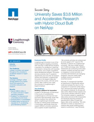 Success Story
                                       University Saves $3.6 Million
                                       and Accelerates Research
                                       with Hybrid Cloud Built
                                       on NetApp



Another NetApp
solution delivered by:




                                       Customer Proﬁle                             “All university activities are underpinned
   KEY HIGHLIGHTS
                                       Loughborough University is one of the       by some aspect of IT,” says Dr. Phil
   Industry                            United Kingdom’s leading universities,      Richards, IT director at Loughborough
   Education                           with more than 13,000 full-time students,   University. “We have a large campus
                                       a reputation for excellence in teaching     and 15,000 technology users. Whether
   The Challenge                       and research, strong links with business    researchers are conducting world-class
   Unleash innovation and speed        and industry, and a highly competitive      research, students are learning online
   throughout the university to        sports development program. The award-      or engaging in school activities, or
   accelerate research in higher       winning university has 21 academic          university administrators are managing
   learning.                           departments and more than 40 research       programs, everyone needs highly
                                       centers and institutes. Loughborough        available systems and anytime,
   The Solution
                                       University is the largest single-site       anywhere access.”
   Leverage a NetApp® uniﬁed
   storage platform for a hybrid       campus in the country, with 437 acres
                                                                                   Recently, IT management identiﬁed
   cloud that supports the             of land. With a staff of over 3,000,
                                                                                   an opportunity to signiﬁcantly reduce
   university’s education and          the university is Loughborough’s
                                                                                   costs and increase the return on the
   research.                           largest employer.
                                                                                   university’s IT investment while improv-
                                       The Challenge                               ing IT services that support education
   Beneﬁts
                                       Building a platform for innovation          and research initiatives. Its 30-year-old
                                       Located in the Borough of Charnwood         data center offered limited capacity and
      IT costs to reinvest in higher
                                       in the county of Leicestershire,            a low power utilization efﬁciency rating.
      education programs
                                       Loughborough is a thriving town and         The university needed to upgrade its
                                       prominent high-technology center that       data center and end-of-life components
      a foundation for the future
                                       attracts investors from around the          and faced the daunting prospect of
                                       globe. Loughborough University              spending $3.6 million to keep their
                                       focuses on making smart investments         legacy data center operating. “We were
      requests for IT, accelerating
                                       in technology, speciﬁcally those that       reluctant to invest our resources in a
      groundbreaking research
                                       support efﬁcient university operations      massive data center building project
                                       and a superior student experience.          based on predictions,” says Richards.
 
