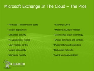 Microsoft Exchange In The Cloud – The Pros



 Reduced IT infrastructure costs    Exchange 2010

 Instant deployment                 Massive 25GB per mailbox

 Enhanced security                 Mobile email ‘push’ technology

 No upgrades or repairs            Shared calendars and contacts

 Easy mailbox control               Public folders and subfolders

 Instant scaleability               Redundant networks

 Workforce mobility                Award-winning Anti-Spam
 