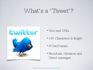 What’s a ‘Tweet’? http://thenextweb.com/socialmedia/2010/02/22/stats-twitter-users-post-600-tweets/ <ul><li>Text and URLs ...