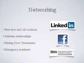 Networking <ul><li>Find new and old contacts </li></ul><ul><li>Maintain relationships </li></ul><ul><li>Finding New Teamma...