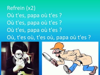 Refrein (x2)
Où t'es, papa où t'es ?
Où t'es, papa où t'es ?
Où t'es, papa où t'es ?
Où, t'es où, t'es où, papa où t'es ?

 