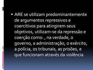  ARE se utilizam predominantemente 
de argumentos repressivos e 
coercitivos para atingirem seus 
objetivos, utilizam-se da repressão e 
coerção como: , na verdade, o 
governo, a administração, o exército, 
a polícia, os tribunais, as prisões, e 
que funcionam através da violência 
 