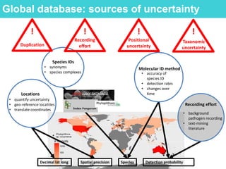Decimal lat long Species Detection probabilitySpatial precision
• quantify uncertainty
• geo-reference localities
• translate coordinates
Locations
• synonyms
• species complexes
Species IDs
Molecular ID method
• accuracy of
species ID
• detection rates
• changes over
time
Global database: sources of uncertainty
Recording
effort
!
Taxonomic
uncertainty
!
Duplication
!
Positional
uncertainty
!
• background
pathogen recording
• text-mining
literature
Recording effort
 