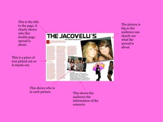 This is the title to the page, it clearly shows who this double page spread is about. The picture is big so the audience can clearly see what the spread is about.This is a piece of text picked out so it stands out.   This shows who is in each picture.This shows the audience the information of the concerts. 
