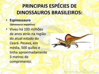 PRINCIPAIS ESPÉCIES DE
        DINOSSAUROS BRASILEIROS:
• Espinossauro
  (Spinosaurus aegipticus)

• Viveu há 100 milhões
  de anos atrás na região
  do atual estado do
  Ceará. Pesava, em
  média, 500 quilos e
  tinha aproximadamente
  3 metros de
  comprimento.
 