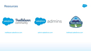 Resources
admin.salesforce.com trailhead.salesforce.comtrailblazer.salesforce.com
 