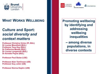 WHAT WORKS WELLBEING
Culture and Sport:
social diversity and
context matters
Professor Christina Victor (PI, BUL)
Dr Louise Mansfield (BUL)
Professor Tess Kay (BUL)
Dr Catherine Meads (BUL)
Dr Louise Longworth (BUL)
Dr Annette Payne (BUL)
Professor Paul Dolan (LSE)
Professor Alan Tomlinson (UB)
Professor Guy Julier (UB)
Professor Norma Daykin (UW)
Promoting wellbeing
by identifying and
addressing
wellbeing
inequalities
– among diverse
populations, in
diverse contexts
 