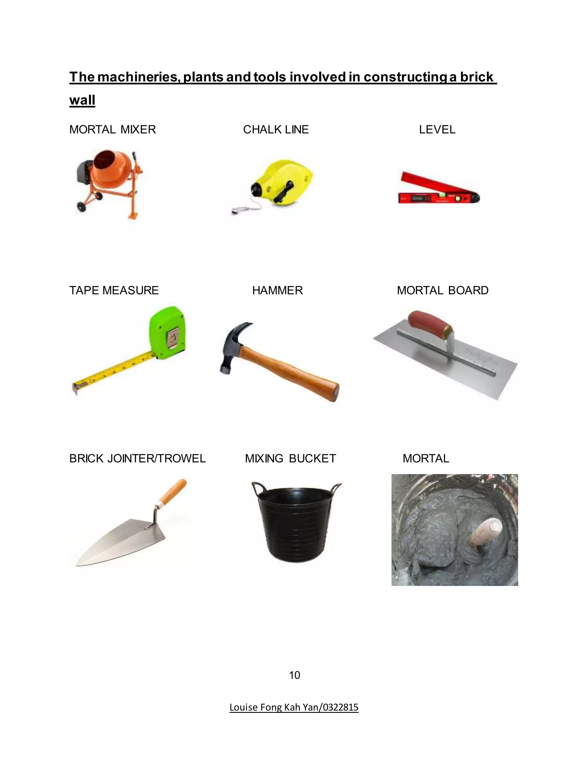 Louise Fong Kah Yan/0322815
The machineries,plants and tools involved in constructinga brick
wall
MORTAL MIXER CHALK LINE LEVEL
TAPE MEASURE HAMMER MORTAL BOARD
BRICK JOINTER/TROWEL MIXING BUCKET MORTAL
10
 