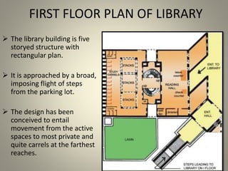 FIRST FLOOR PLAN OF LIBRARY
 The library building is five
storyed structure with
rectangular plan.
 It is approached by a broad,
imposing flight of steps
from the parking lot.
 The design has been
conceived to entail
movement from the active
spaces to most private and
quite carrels at the farthest
reaches.
 