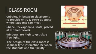 CLASS ROOM
•Lobbies, in between classrooms
to provide entry & serve as spots
where students can meet.
•Shape : hexagonal & seats, placed
at different levels.
•Windows are high to get glare
free light.
•The design of the class room is
seminar type interaction between
the students and the faculty.
 