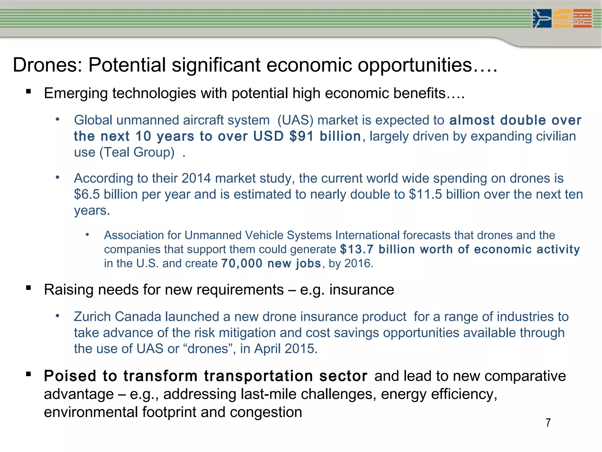 7
Drones: Potential significant economic opportunities….
 Emerging technologies with potential high economic benefits….
• Global unmanned aircraft system (UAS) market is expected to almost double over
the next 10 years to over USD $91 billion, largely driven by expanding civilian
use (Teal Group) .
• According to their 2014 market study, the current world wide spending on drones is
$6.5 billion per year and is estimated to nearly double to $11.5 billion over the next ten
years.
• Association for Unmanned Vehicle Systems International forecasts that drones and the
companies that support them could generate $13.7 billion worth of economic activity
in the U.S. and create 70,000 new jobs, by 2016.
 Raising needs for new requirements – e.g. insurance
• Zurich Canada launched a new drone insurance product for a range of industries to
take advance of the risk mitigation and cost savings opportunities available through
the use of UAS or “drones”, in April 2015.
 Poised to transform transportation sector and lead to new comparative
advantage – e.g., addressing last-mile challenges, energy efficiency,
environmental footprint and congestion
 