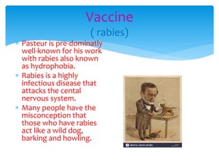 Vaccine
( rabies)
 Pasteur is pre-dominatly
well-known for his work
with rabies also known
as hydrophobia.
 Rabies is a highly
infectious disease that
attacks the cental
nervous system.
 Many people have the
misconception that
those who have rabies
act like a wild dog,
barking and howling.
 