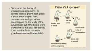 ◦ Discovered the theory of
spontaneous generation. he
pointed that no growth took place
in swan neck shaped flask
because dust and germs has
been trapped on the walls of the
curved neck but if the necks were
broken off so that dust fall directly
down into the flask, microbial
growth commenced immediately.
 
