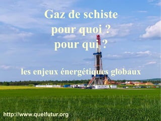 © ORMEE - Possoz 20/05/2014
Gaz de schiste
pour quoi ?
pour qui ?
les enjeux énergétiques globaux
http://www.quelfutur.org
 