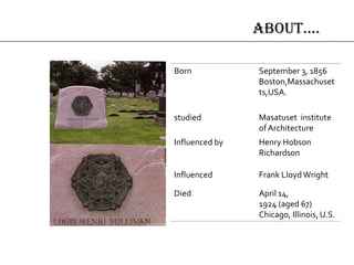 About….
Born September 3, 1856
Boston,Massachuset
ts,USA.
studied Masatuset institute
of Architecture
Influenced by Henry Hobson
Richardson
Influenced Frank LloydWright
Died April 14,
1924 (aged 67)
Chicago, Illinois,U.S.
 