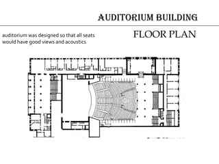 AUDITORIUM BUILDING
auditorium was designed so that all seats
would have good views and acoustics
FLOOR PLAN
 