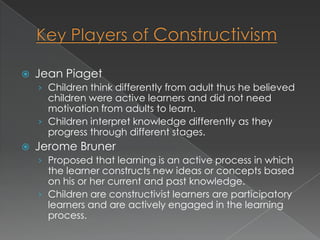    Jean Piaget
    › Children think differently from adult thus he believed
      children were active learners and did not need
      motivation from adults to learn.
    › Children interpret knowledge differently as they
      progress through different stages.
   Jerome Bruner
    › Proposed that learning is an active process in which
      the learner constructs new ideas or concepts based
      on his or her current and past knowledge.
    › Children are constructivist learners are participatory
      learners and are actively engaged in the learning
      process.
 