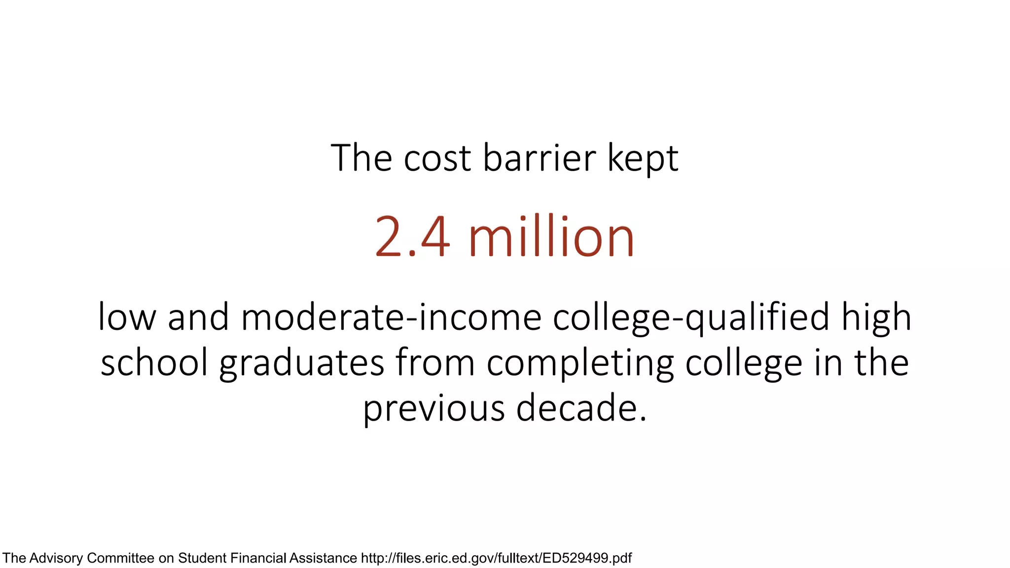 The cost barrier kept
2.4 million
low and moderate-income college-qualified high
school graduates from completing college in the
previous decade.
The Advisory Committee on Student Financial Assistance http://files.eric.ed.gov/fulltext/ED529499.pdf
 