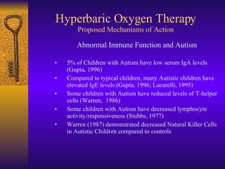 Hyperbaric Oxygen Therapy Proposed Mechanisms of Action <ul><ul><ul><li>Abnormal Immune Function and Autism </li></ul></ul...