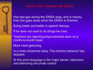 Antonio After Chelation with DMSA  Has bad gas during the DMSA days, and is moody, then this goes away when the DMSA is fi...