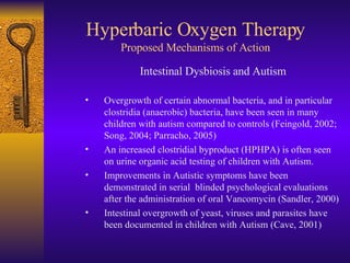 Hyperbaric Oxygen Therapy Proposed Mechanisms of Action <ul><ul><ul><li>Intestinal Dysbiosis and Autism </li></ul></ul></u...