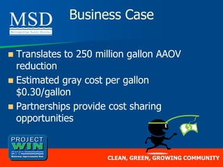 Business Case

 Translates to 250 million gallon AAOV
  reduction
 Estimated gray cost per gallon
  $0.30/gallon
 Partnerships provide cost sharing
  opportunities


                      CLEAN, GREEN, GROWING COMMUNITY
 
