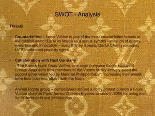 SWOT - Analysis Threats Counterfeiting  – Louis Vuitton is one of the most counterfeited brands in the fashion world due to its image as a status symbol - imitation of quality, expertise and innovation – sued Britney Spears, Darfur Charity infringing LV”S intellectual property rights Collaboration with Nazi Germany - The French book  Louis Vuitton, une saga française  ( Louis Vuitton: A French Saga )   tells how members of the Vuitton family actively aided the puppet government led by Marshal Philippe Pétain, increasing their wealth from their business affairs with the Nazis  Animal Rights group – campaigners staged a noisy protest outside a Louis Vuitton store on Paris' famed Champs Elysees avenue in 2006 for using real fur in decoration and accessories 