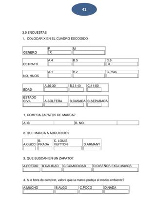 41 
3.5 ENCUESTAS 
1. COLOCAR X EN EL CUADRO ESCOGIDO 
GENERO 
F 
X 
M 
ESTRATO 
A.4 
B.5 
C.6 
X 
NO. HIJOS 
A.1 
B.2 
C. mas 
EDAD 
A.20-30 
B.31-40 
C.41-50 
ESTADO 
CIVIL 
A.SOLTERA 
B.CASADA 
C.SEPARADA 
1. COMPRA ZAPATOS DE MARCA? 
A. SI B. NO 
2. QUE MARCA A ADQUIRIDO? 
A.GUCCI 
B. 
PRADA 
C. LOUIS 
VUITTON 
D.ARMANY 
3. QUE BUSCAN EN UN ZAPATO? 
A.PRECIO 
B.CALIDAD 
C.COMODIDAD 
D.DISEÑOS EXCLUSIVOS 
4. A la hora de comprar, valora que la marca proteja el medio ambiente? 
A.MUCHO 
B.ALGO 
C.POCO 
D.NADA 
 