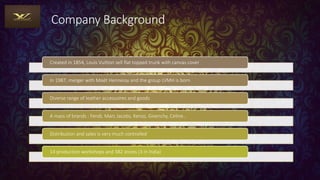 Company Background
Created in 1854, Louis Vuitton sell flat topped trunk with canvas cover
In 1987, merger with Moët Hennessy and the group LVMH is born
Diverse range of leather accessoires and goods
A mass of brands : Fendi, Marc Jacobs, Kenzo, Givenchy, Celine…
Distribution and sales is very much controlled
14 production workshops and 382 stores (3 in India)
 