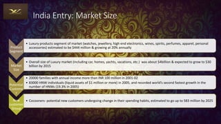 India Entry: Market Size
Product
Segment
• Luxury products segment of market (watches, jewellery, high end electronics, wines, spirits, perfumes, apparel, personal
accessories) estimated to be $444 million & growing at 20% annually
Market
Size
• Overall size of Luxury market (including car, homes, yachts, vacations, etc.) was about $4billion & expected to grow to $30
billion by 2015
Potential
Custome
r
• 20000 families with annual income more than INR 100 million in 2001-02
• 83000 HNW individuals (liquid assets of $1 million or more) in 2005, and recorded world’s second fastest growth in the
number of HNWs (19.3% in 2005)
New
customer
Group
• Cocooners- potential new customers undergoing change in their spending habits, estimated to go up to 583 million by 2025
 