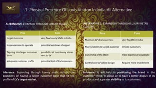 1. Physical Presence Of Louis Vuitton In India-All Alternative
ALTERNATIVE 1: EXPAND THROUGH LUXURY MALLS
Pros Cons
larger store size very few luxury Malls in India
less expensive to operate potential windows shopper
Tapping into larger customer
base
possibility of non-luxury stores
next to LV
adequate customer traffic potential lost of Exclusiveness
ALTERNATIVE 2: EXPANSION THROUGH LUXURY RETAIL
CLUSTER
Pros Cons
Maintain LV’s Exclusiveness veryfewLRCinIndia
Morevisibilitytotarget customer limited customers
ownership of the Store moreexpensivetooperate
ControloverLV’sstoredesign Require more Investment
Inference: Expanding through Luxury malls include the
possibility of having a larger customer base that fit the
profile of LV’s target market.
Inference: It will help in positioning the brand in the
customer’ mind. It allows LV to have a better display of its
products and a greater visibility to its customers.
 