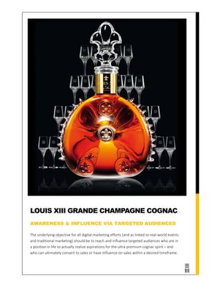 The underlying objective for all digital marketing efforts (and as linked to real‐world events
and traditional marketing) should be to reach and influence targeted audiences who are in
a position in life to actually realize aspirations for the ultra‐premium cognac spirit – and
who can ultimately convert to sales or have influence on sales within a desired timeframe.
LOUIS XIII GRANDE CHAMPAGNE COGNAC
AWARENESS & INFLUENCE VIA TARGETED AUDIENCES
 
