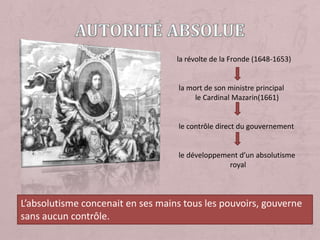 autoritéabsolue  la révolte de la Fronde (1648-1653)   la mort de son ministre principal            le Cardinal Mazarin(1661)   le contrôle direct du gouvernement   le développement d’un absolutisme                               royalL’absolutisme concenait en ses mains tous les pouvoirs, gouverne sans aucun contrôle.