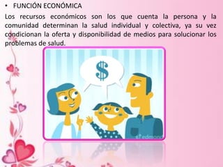 • FUNCIÓN ECONÓMICA
Los recursos económicos son los que cuenta la persona y la
comunidad determinan la salud individual y colectiva, ya su vez
condicionan la oferta y disponibilidad de medios para solucionar los
problemas de salud.
 