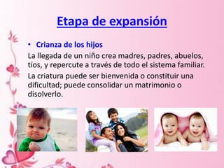 Etapa de expansión
• Crianza de los hijos
La llegada de un niño crea madres, padres, abuelos,
tíos, y repercute a través de todo el sistema familiar.
La criatura puede ser bienvenida o constituir una
dificultad; puede consolidar un matrimonio o
disolverlo.
 