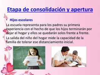 Etapa de consolidación y apertura
• Hijos escolares
La escuela representa para los padres su primera
experiencia con el hecho de que los hijos terminarán por
dejar el hogar y ellos se quedarán solos frente a frente.
La salida del niño del hogar mide la capacidad de la
familia de tolerar ese distanciamiento inicial.
 