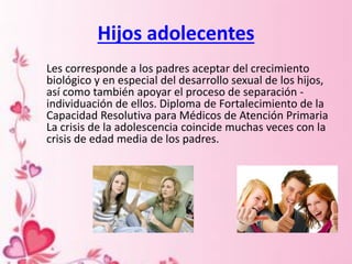 Hijos adolecentes
Les corresponde a los padres aceptar del crecimiento
biológico y en especial del desarrollo sexual de los hijos,
así como también apoyar el proceso de separación -
individuación de ellos. Diploma de Fortalecimiento de la
Capacidad Resolutiva para Médicos de Atención Primaria
La crisis de la adolescencia coincide muchas veces con la
crisis de edad media de los padres.
 