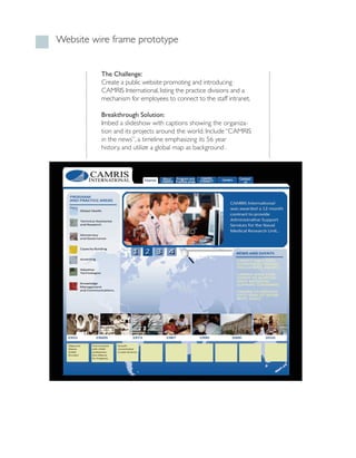 Website wire frame prototype


          The Challenge:
          create a public website promoting and introducing
          cAMRis international, listing the practice divisions and a
          mechanism for employees to connect to the staff intranet.

          Breakthrough Solution:
          imbed a slideshow with captions showing the organiza-
          tion and its projects around the world. include “cAMRis
          in the news”, a timeline emphasizing its 56 year
          history, and utilize a global map as background .
 