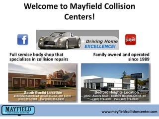 Welcome to Mayfield Collision
Centers!

Full service body shop that
specializes in collision repairs

Family owned and operated
since 1989

www.mayfieldcollisioncenter.com

 