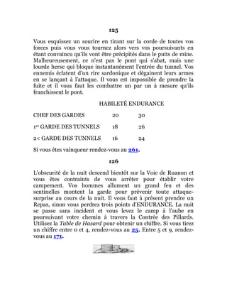 125
Vous esquissez un sourire en tirant sur la corde de toutes vos
forces puis vous vous tournez alors vers vos poursuivants en
étant convaincu qu'ils vont être précipités dans le puits de mine.
Malheureusement, ce n'est pas le pont qui s'abat, mais une
lourde herse qui bloque instantanément l'entrée du tunnel. Vos
ennemis éclatent d'un rire sardonique et dégainent leurs armes
en se lançant à l'attaque. Il vous est impossible de prendre la
fuite et il vous faut les combattre un par un à mesure qu'ils
franchissent le pont.
HABILETÉ ENDURANCE
CHEF DES GARDES 20 30
1er GARDE DES TUNNELS 18 26
2< GARDE DES TUNNELS 16 24
Si vous êtes vainqueur rendez-vous au 261.
126
L'obscurité de la nuit descend bientôt sur la Voie de Ruanon et
vous êtes contraints de vous arrêter pour établir votre
campement. Vos hommes allument un grand feu et des
sentinelles montent la garde pour prévenir toute attaque-
surprise au cours de la nuit. Il vous faut à présent prendre un
Repas, sinon vous perdrez trois points d'ENDURANCE. La nuit
se passe sans incident et vous levez le camp à l'aube en
poursuivant votre chemin à travers la Contrée des Pillards.
Utilisez la Table de Hasard pour obtenir un chiffre. Si vous tirez
un chiffre entre 0 et 4, rendez-vous au 25. Entre 5 et 9, rendez-
vous au 171.
 